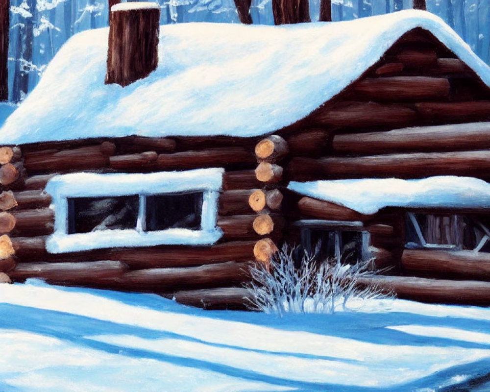 Snow-covered log cabin in serene winter forest scene