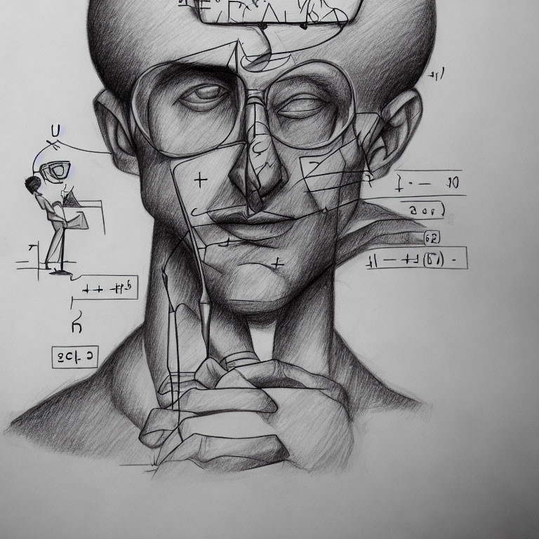 Fragmented Face with Mathematical Symbols: Analytical Theme