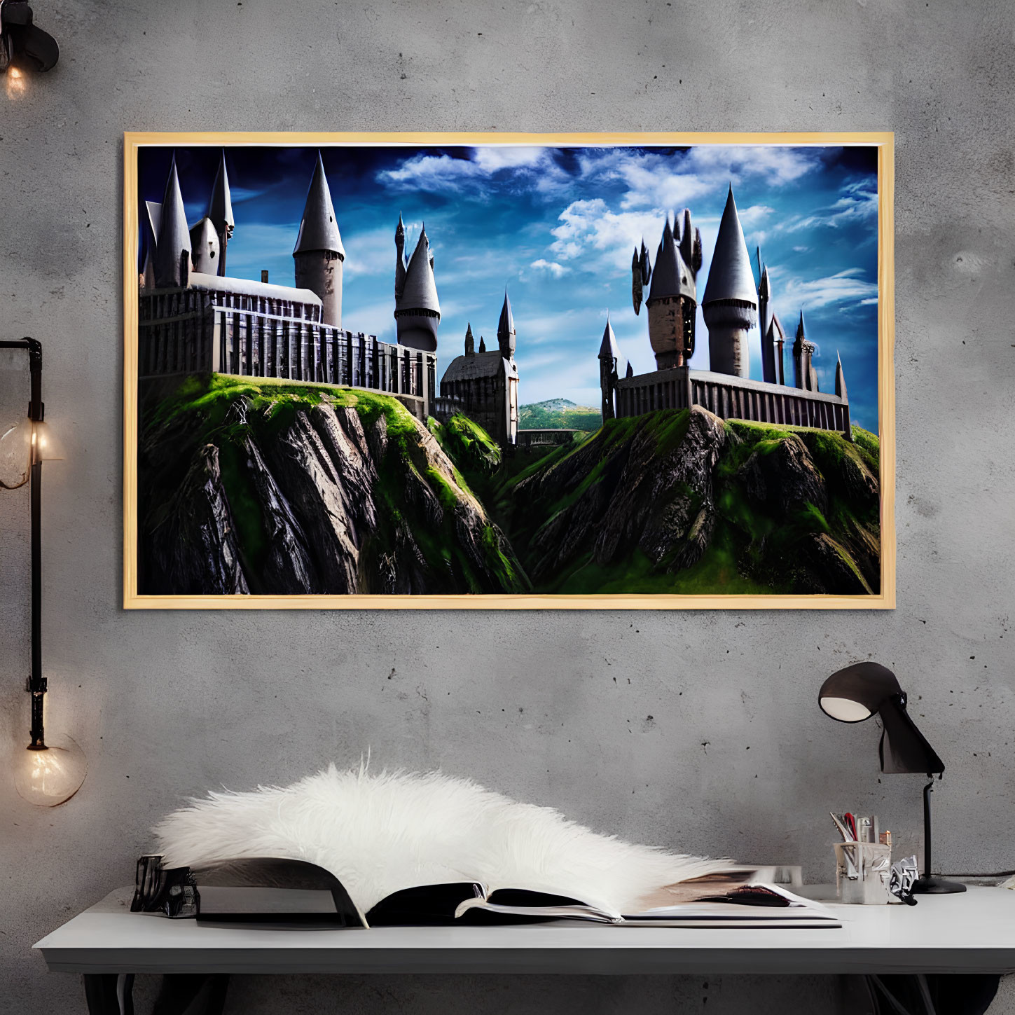 Castle on Cliff Framed Picture Above Modern Desk