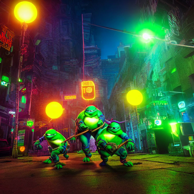 Three ninja turtles in neon-lit urban alleyway at night