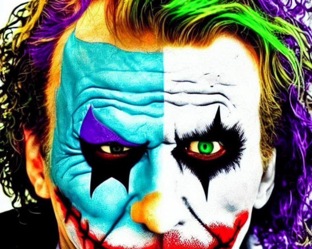 Vibrant Joker makeup with green hair and blue & purple face paint