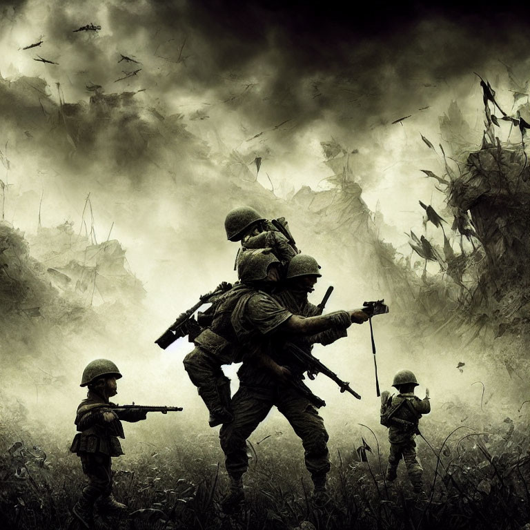 Dystopian battlefield with soldiers, helicopters, and ominous atmosphere