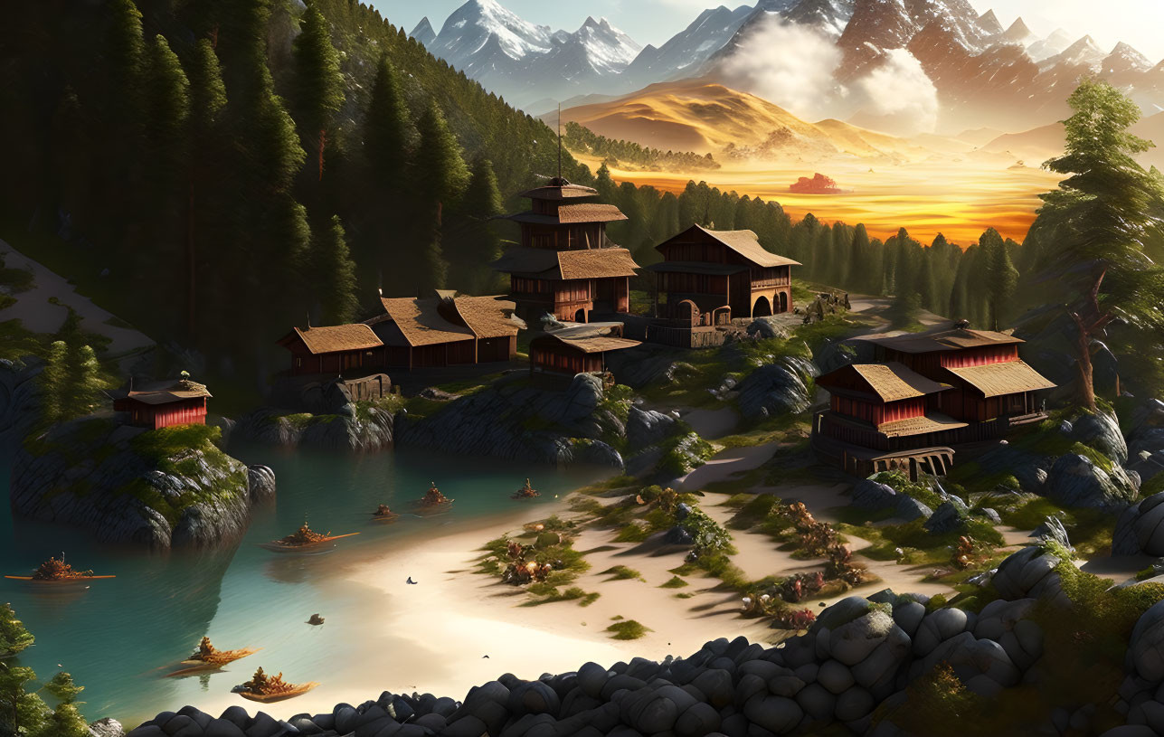 Traditional lakeside village with wooden houses, forest, mountains, and glowing sunset