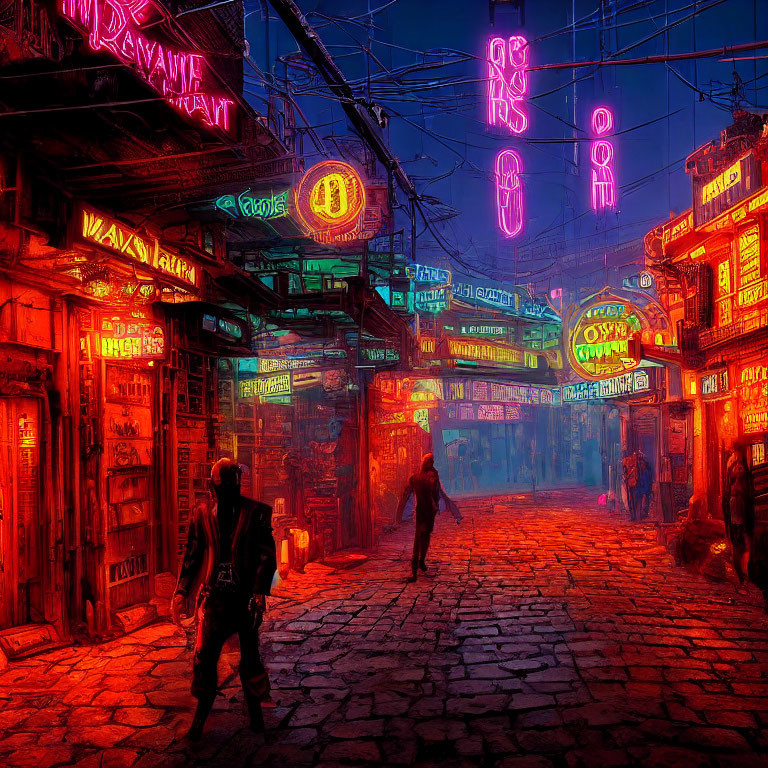 Futuristic cyberpunk alley with neon lights and figures