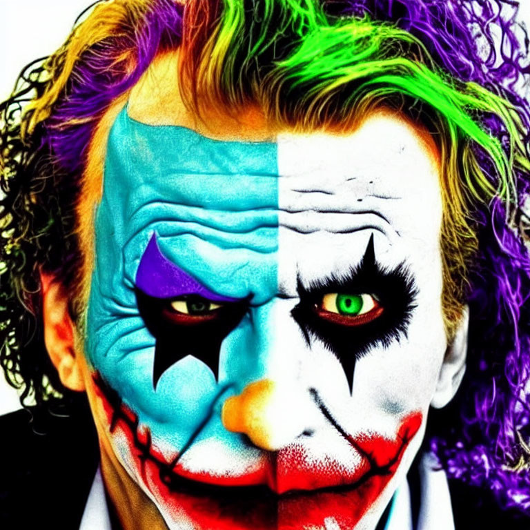 Vibrant Joker makeup with green hair and blue & purple face paint