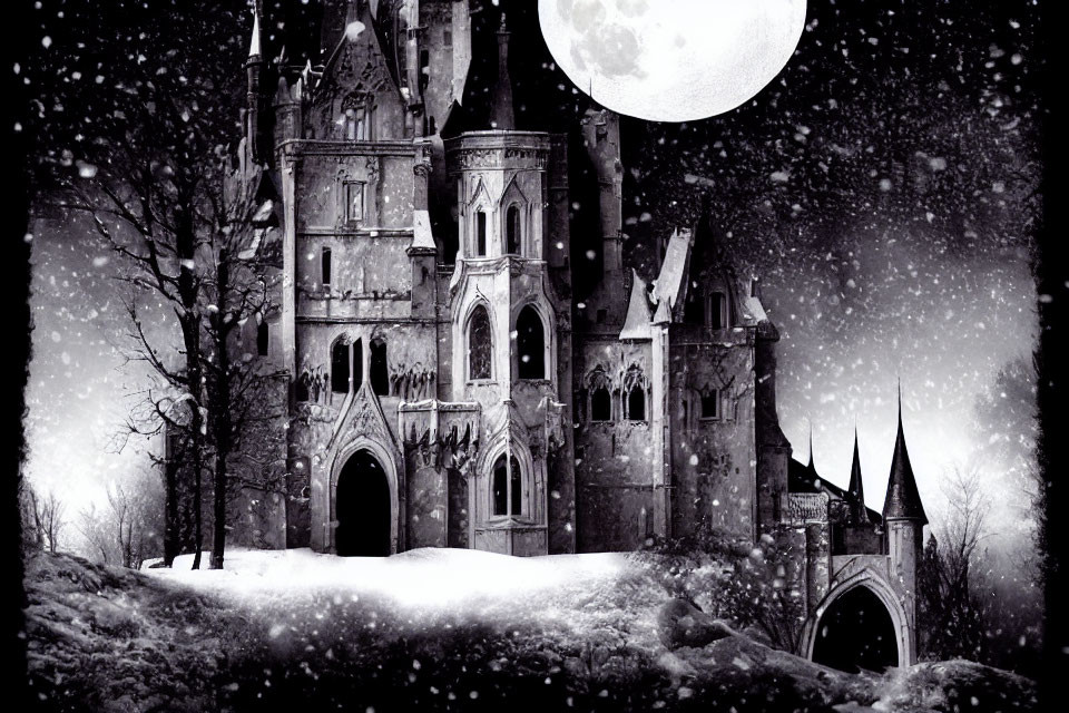 Gothic castle at night with full moon and falling snow