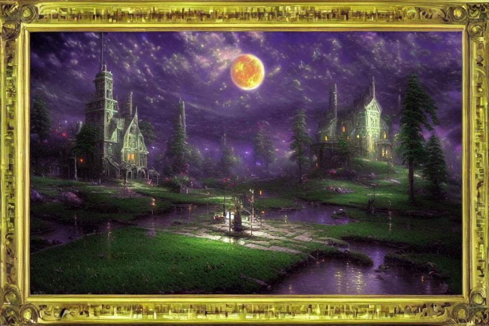 Fantastical moonlit night landscape with castles, river, greenery, and starry sky