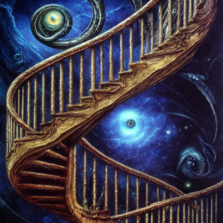 Surreal wooden spiral staircase with cosmic elements