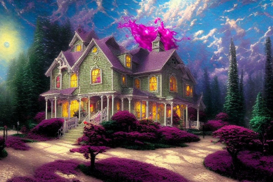 Victorian-style house with illuminated windows in twilight garden under starry sky.