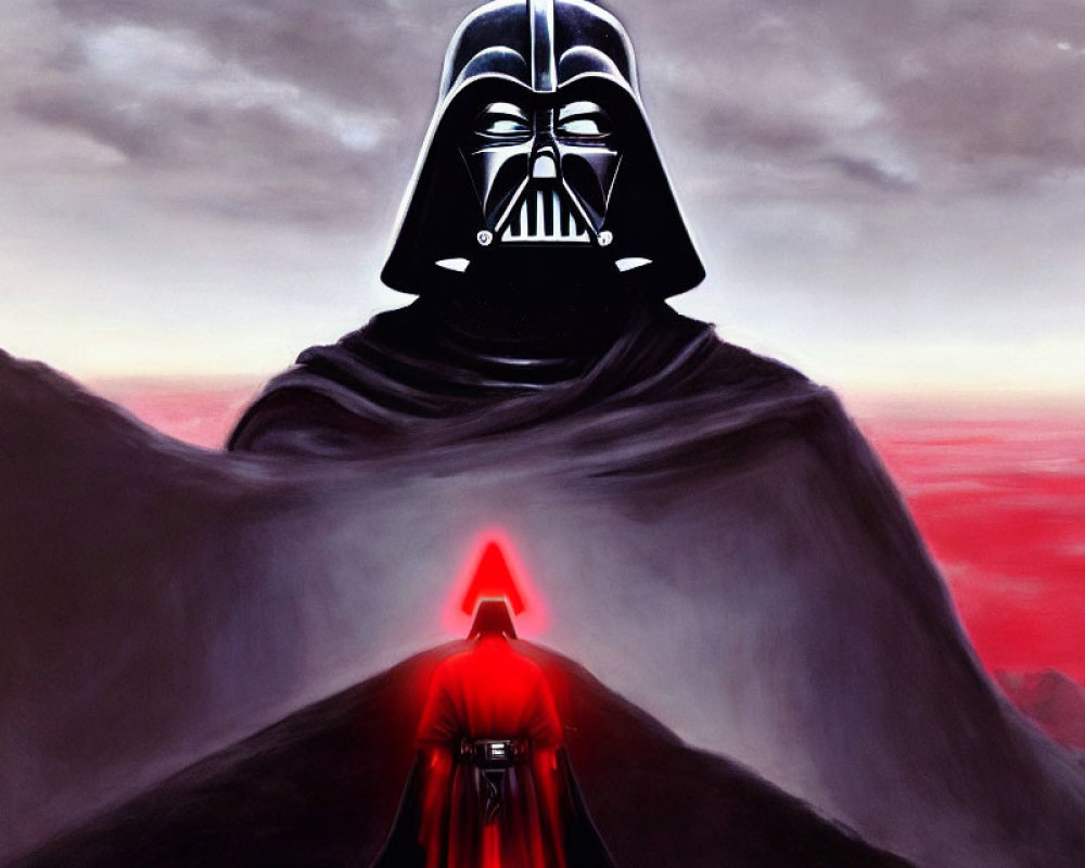 Cloaked Figures with Helmets and Lightsaber in Red Sky