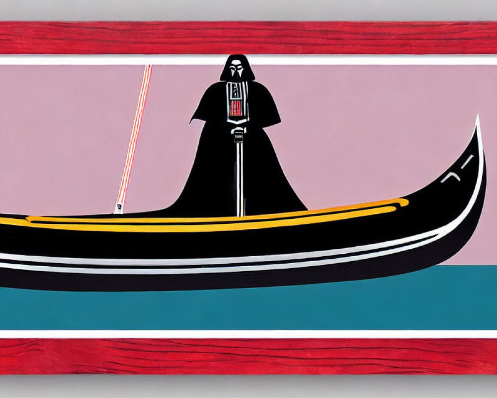 Stylized painting: Darth Vader-like character rowing gondola with lightsaber paddle