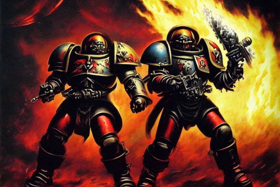 Futuristic armored soldiers with weapons in fiery backdrop