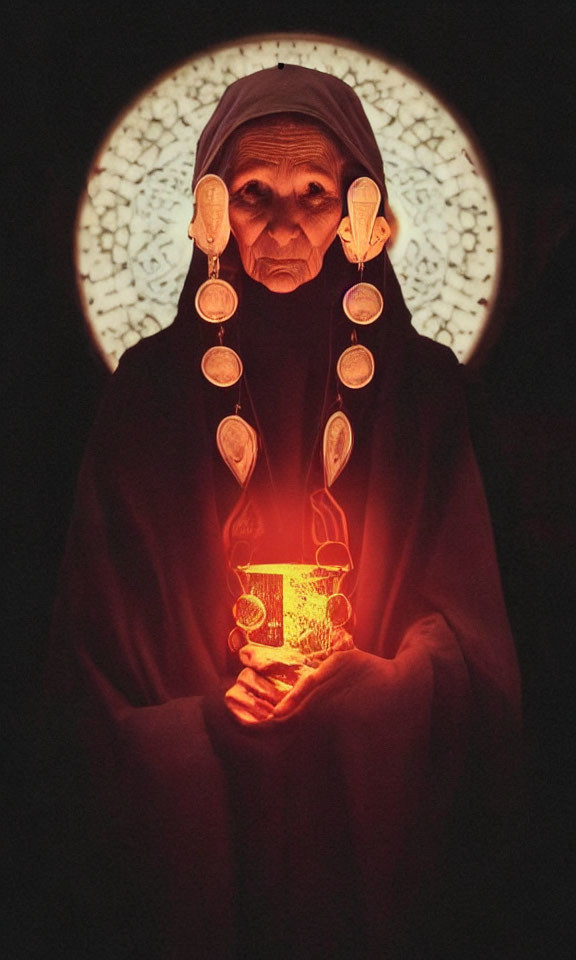 Elderly person in dark robes holding a lit ornate box with mystical glow