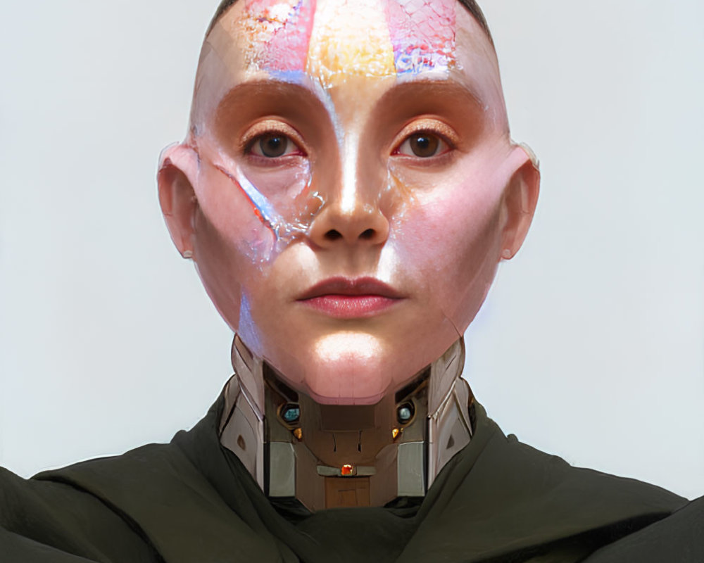 Futuristic portrait: Bald humanoid with mechanical neck, facial plating, and translucent wings