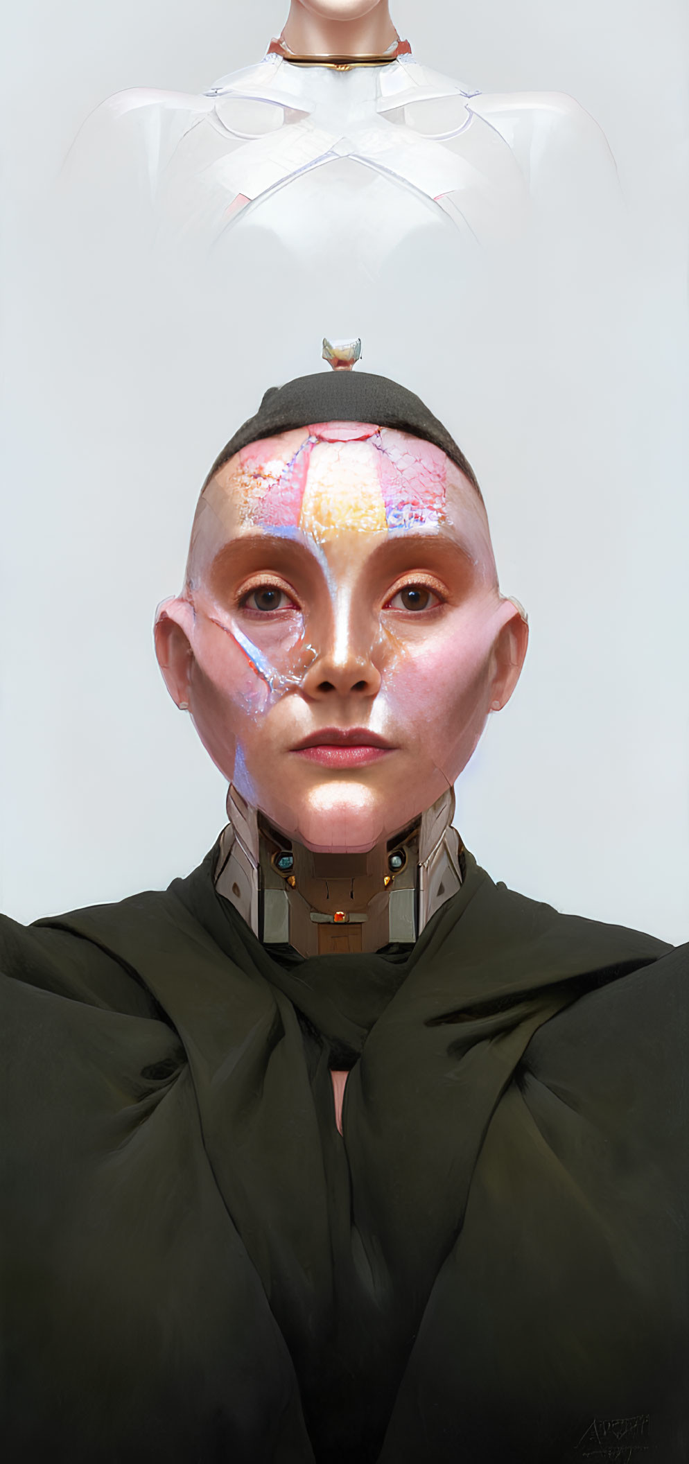 Futuristic portrait: Bald humanoid with mechanical neck, facial plating, and translucent wings