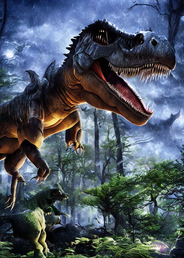 Roaring Tyrannosaurus Rex in Misty Prehistoric Forest