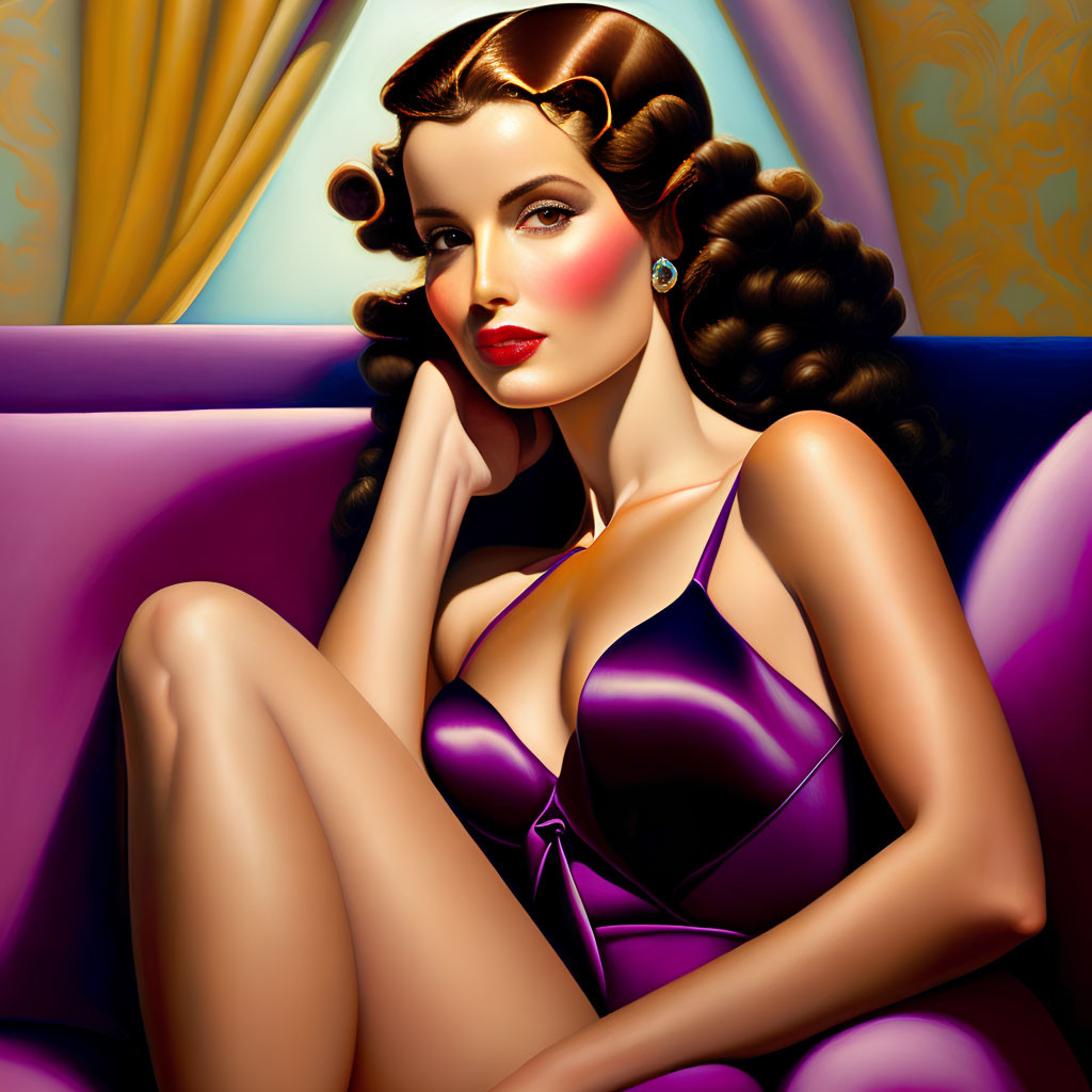 Vintage Glamor Style Woman Sitting on Purple Couch in Silky Dress