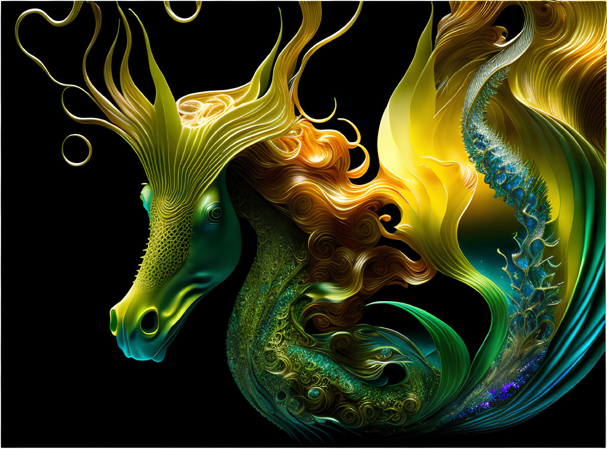 Colorful Mythical Seahorse Artwork in Green, Yellow, and Blue