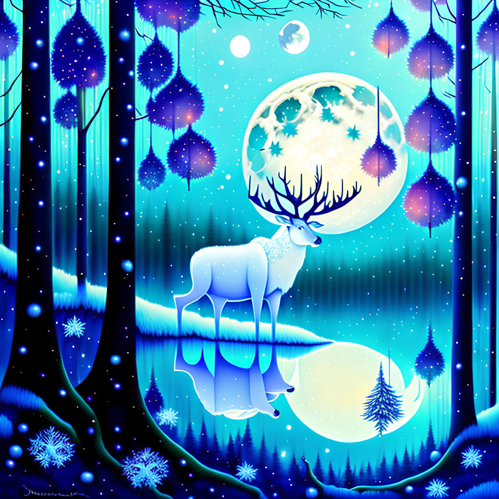 Blue forest scene with white stag, reflective lake, full moon, lanterns, and snowflakes