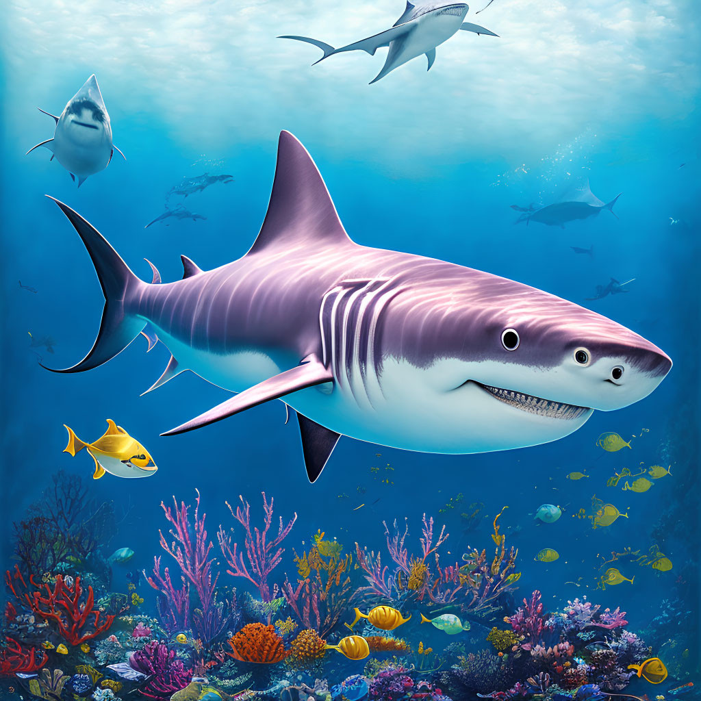 Colorful Cartoon Shark Surrounded by Fish in Underwater Scene