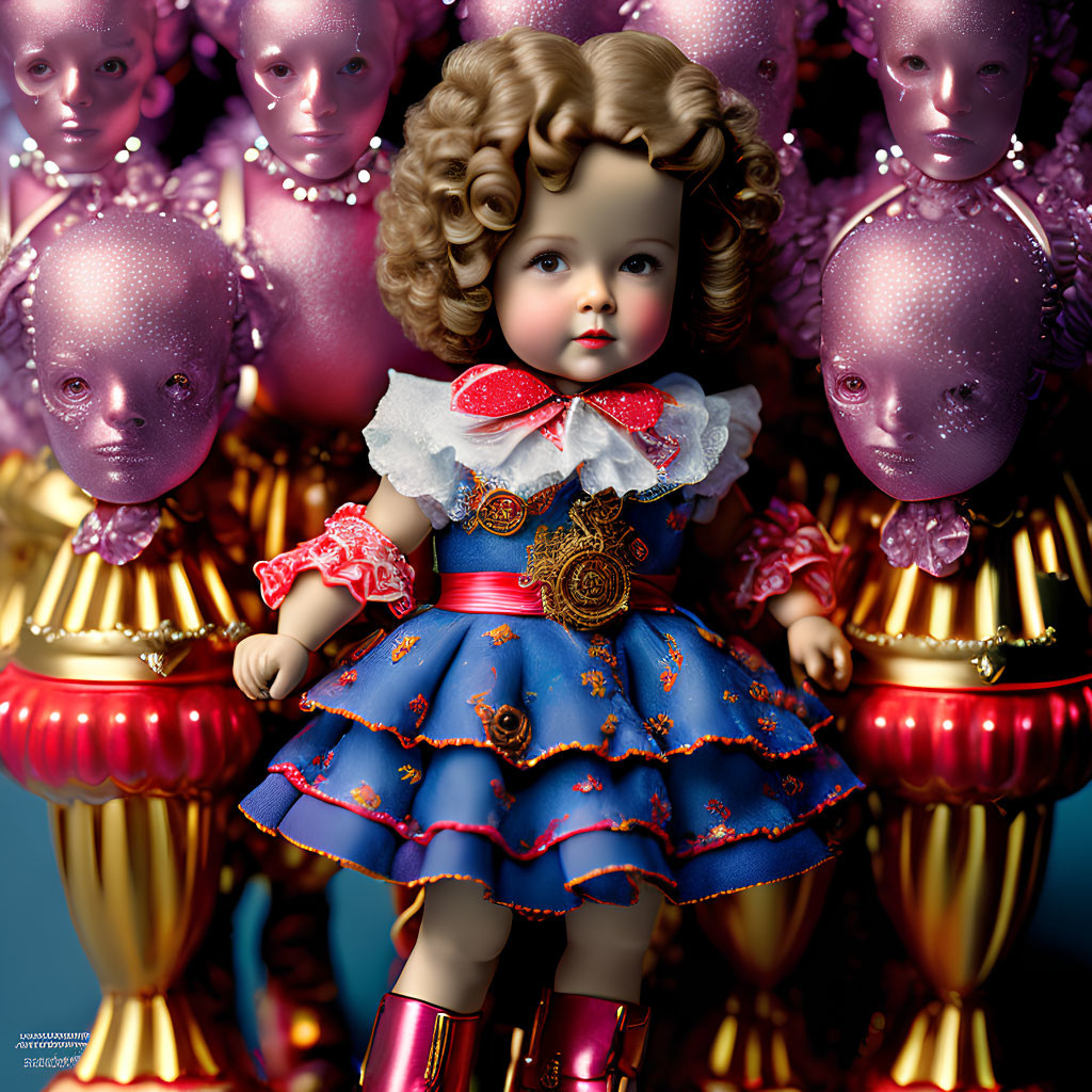 Curly-Haired Doll in Blue Dress Surrounded by Purple-Faced Figures in Gold Outfits