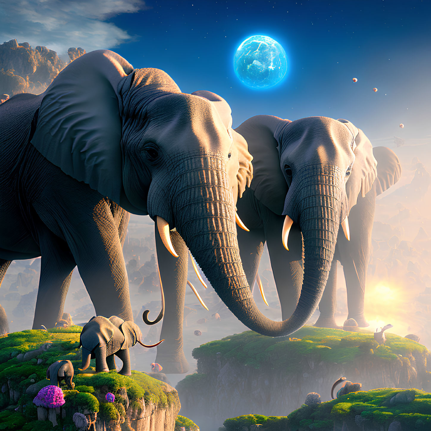 Surreal elephant trio on cliff with floating globe and dreamy sky