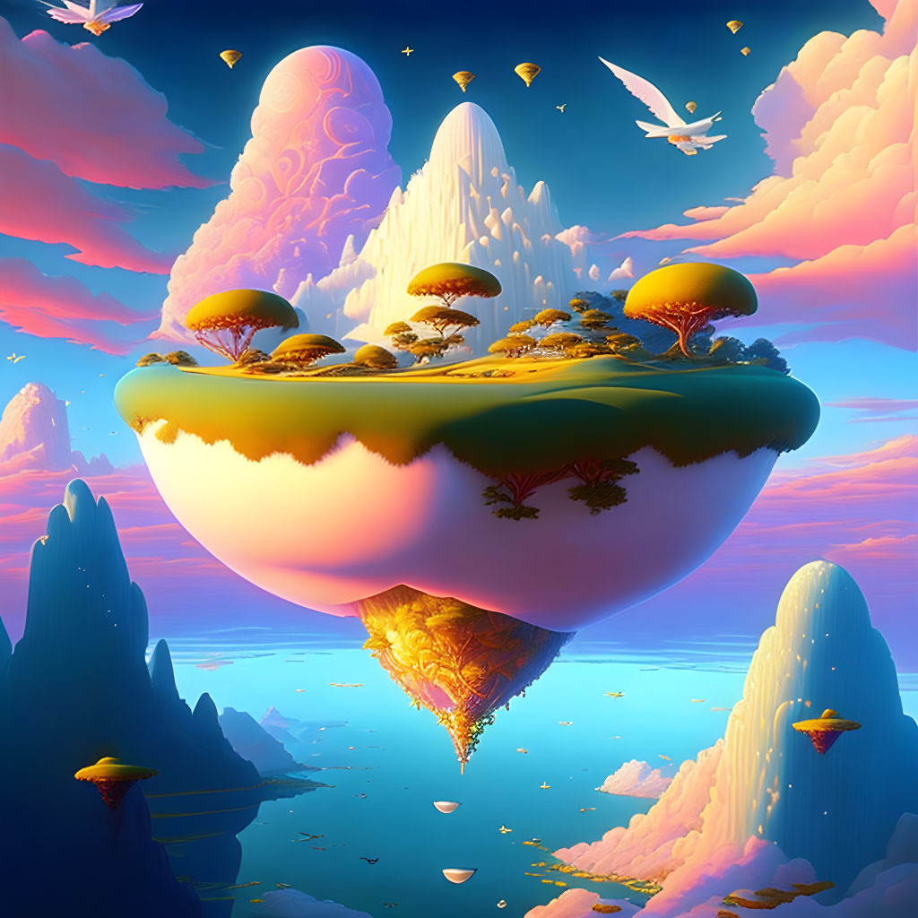 Surreal floating island with mushroom trees and vibrant sky