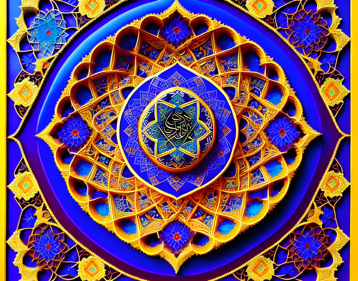 Intricate Islamic Mandala with Blue and Gold Geometrical Patterns