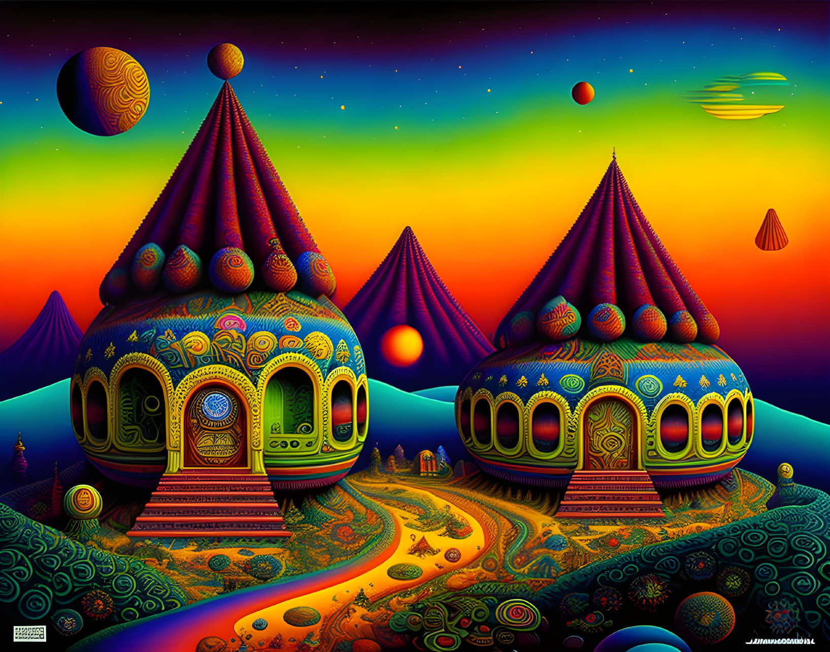 Colorful Psychedelic Landscape with Dome-shaped Buildings and Planets