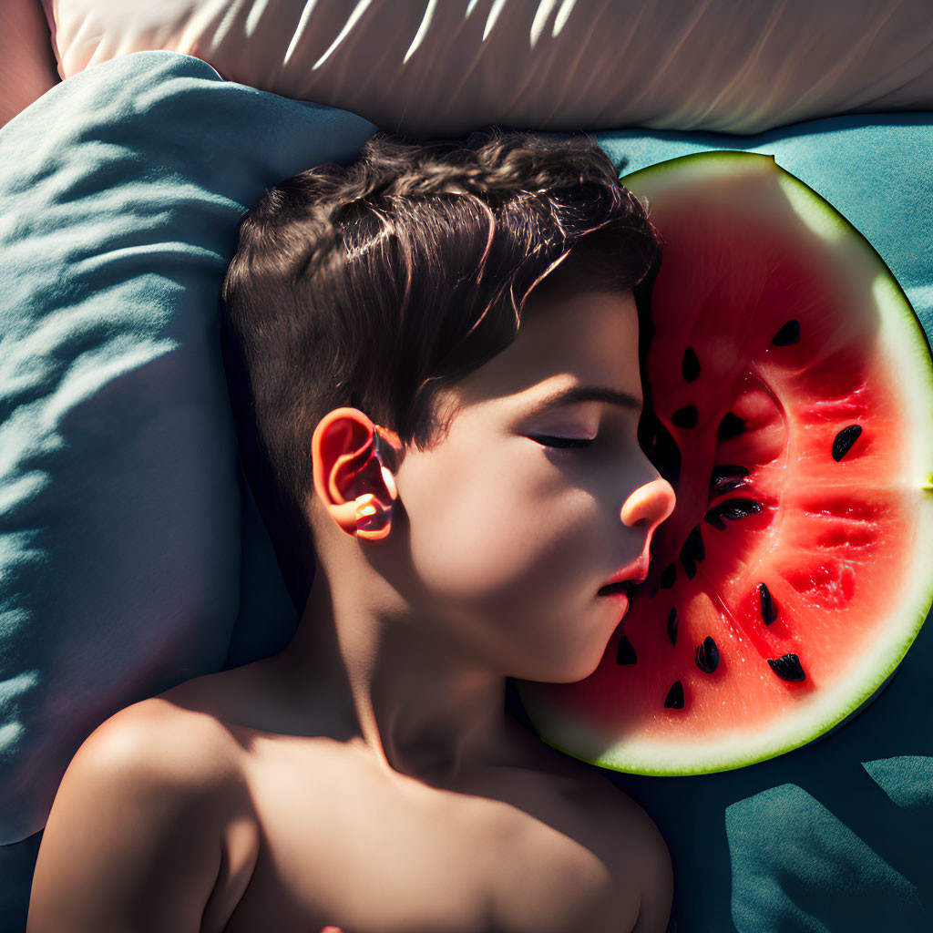 Child with Watermelon Slice Mask on Pillow in Sunlight