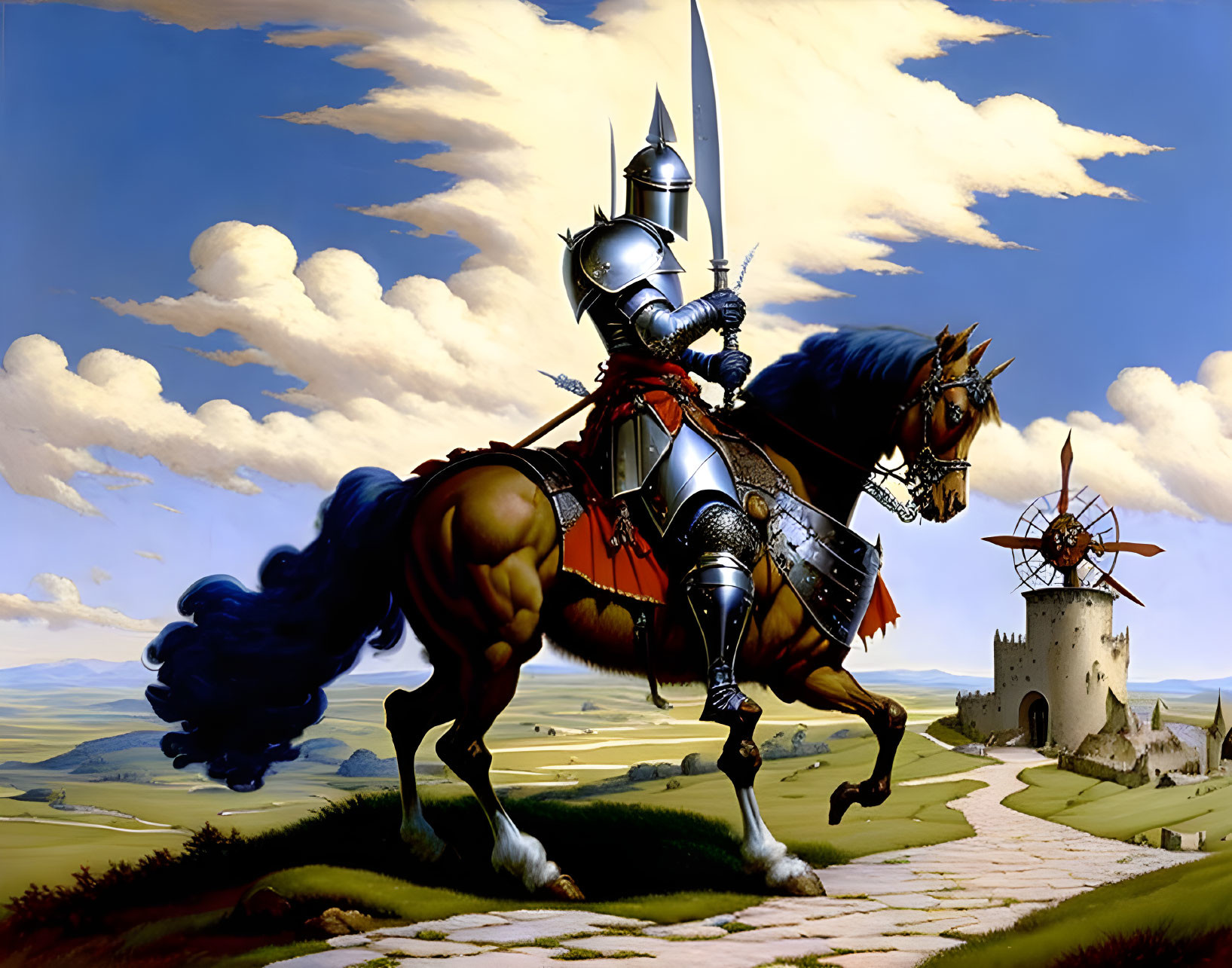 Armored knight on horseback with raised sword near windmill and hills