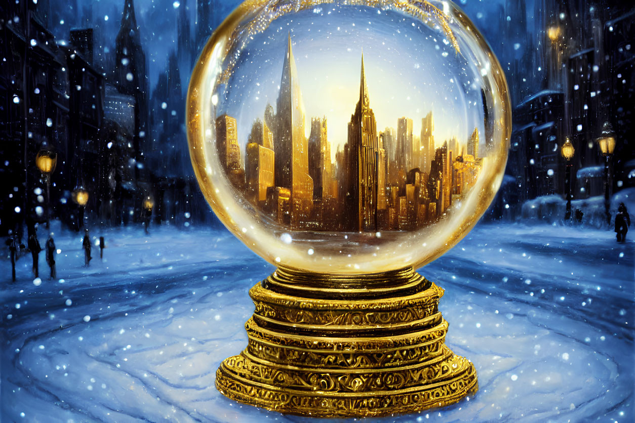 Snow Globe Cityscape Scene on Gilded Base in Twilight Sky