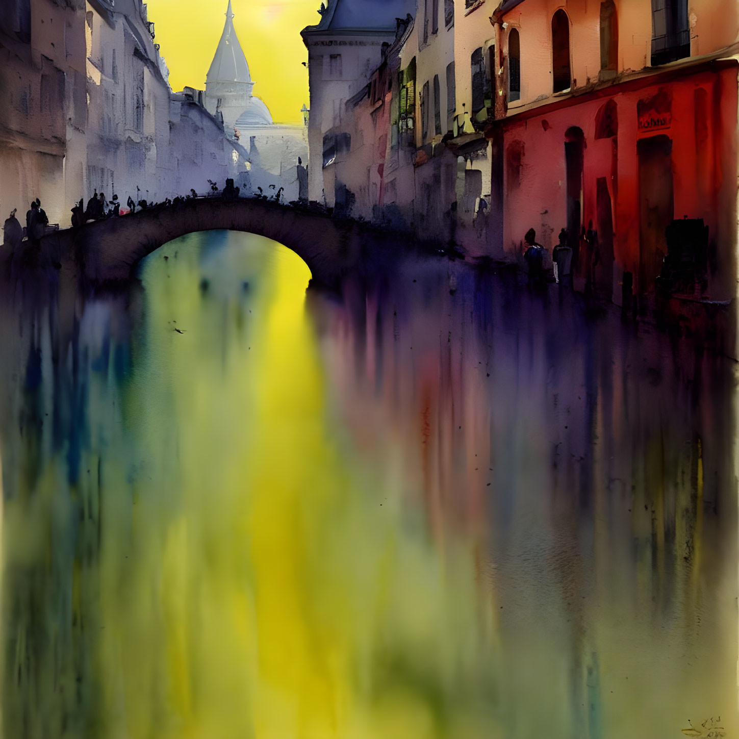 Cityscape watercolor painting with bridge, glowing lights, and long shadows