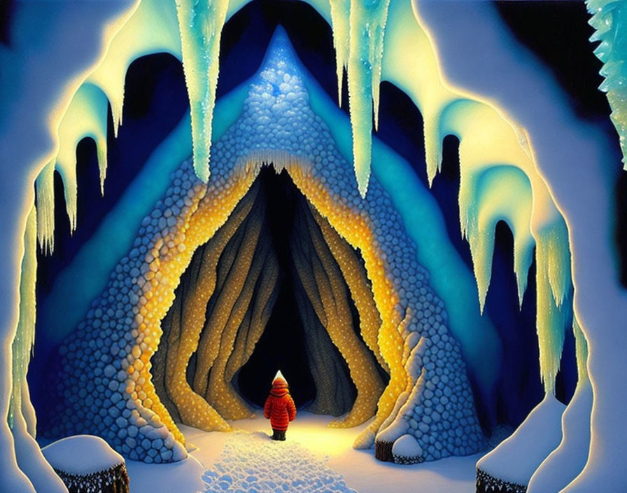 Vibrant Ice Cave Entrance with Person in Red Jacket