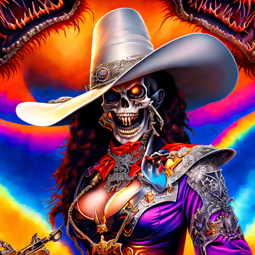 Colorful Digital Artwork: Cowboy Skeleton with Fiery Eyes