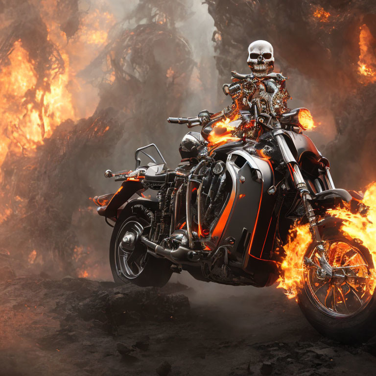 Skeleton on Flaming Motorcycle in Fiery Terrain