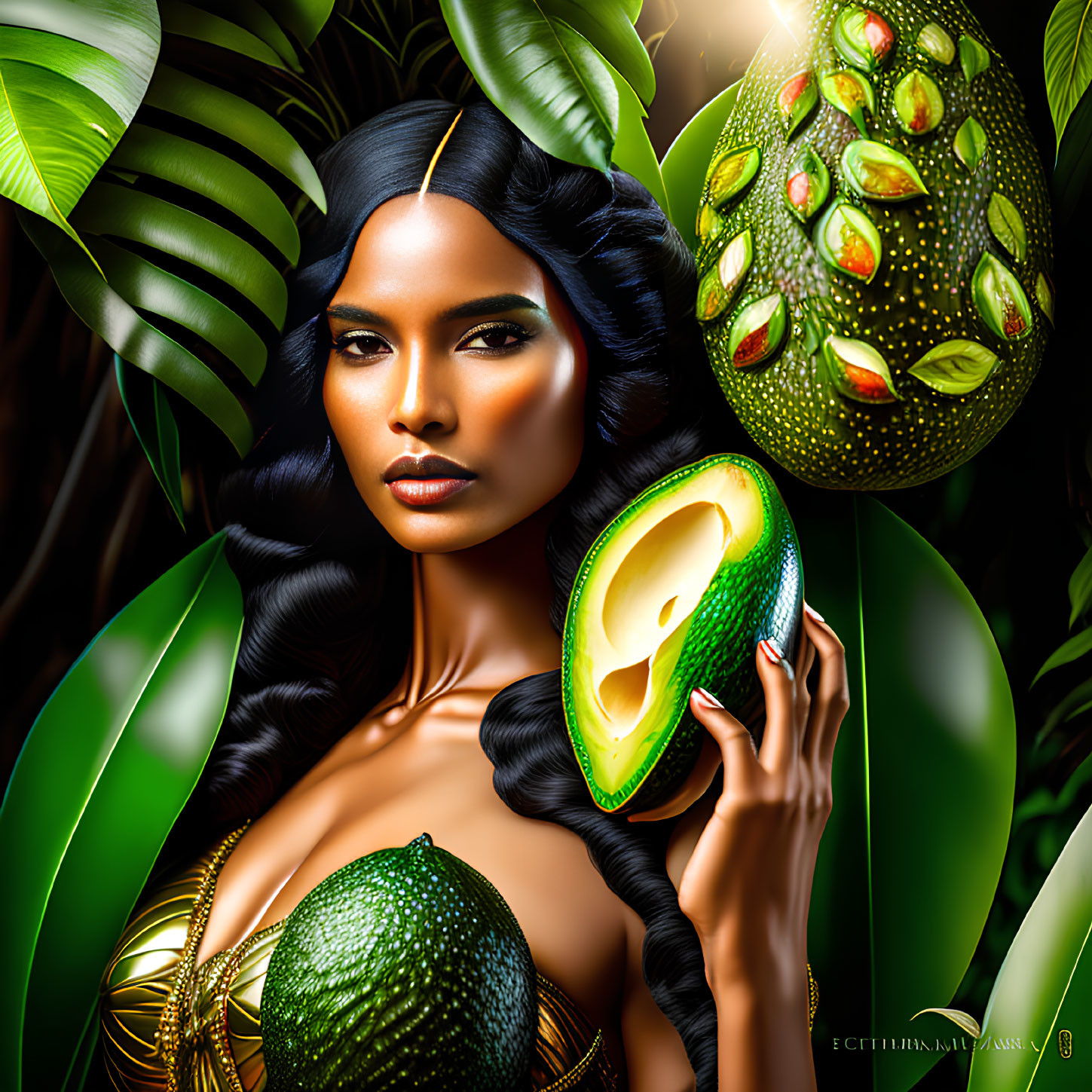 Woman holding sliced avocado in lush greenery with vibrant avocado tree.