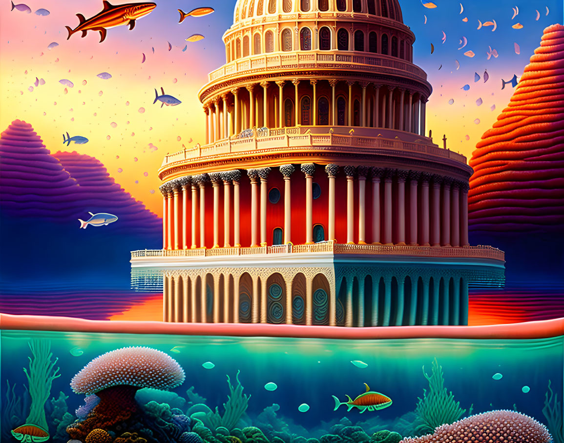 United States Capitol Building underwater with fish and coral reef.