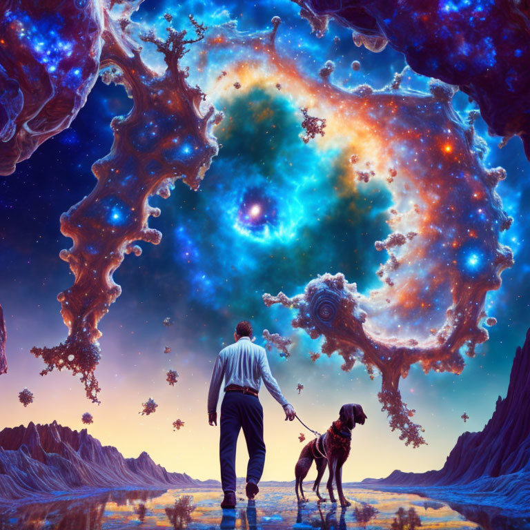 Man and dog admire surreal cosmic landscape