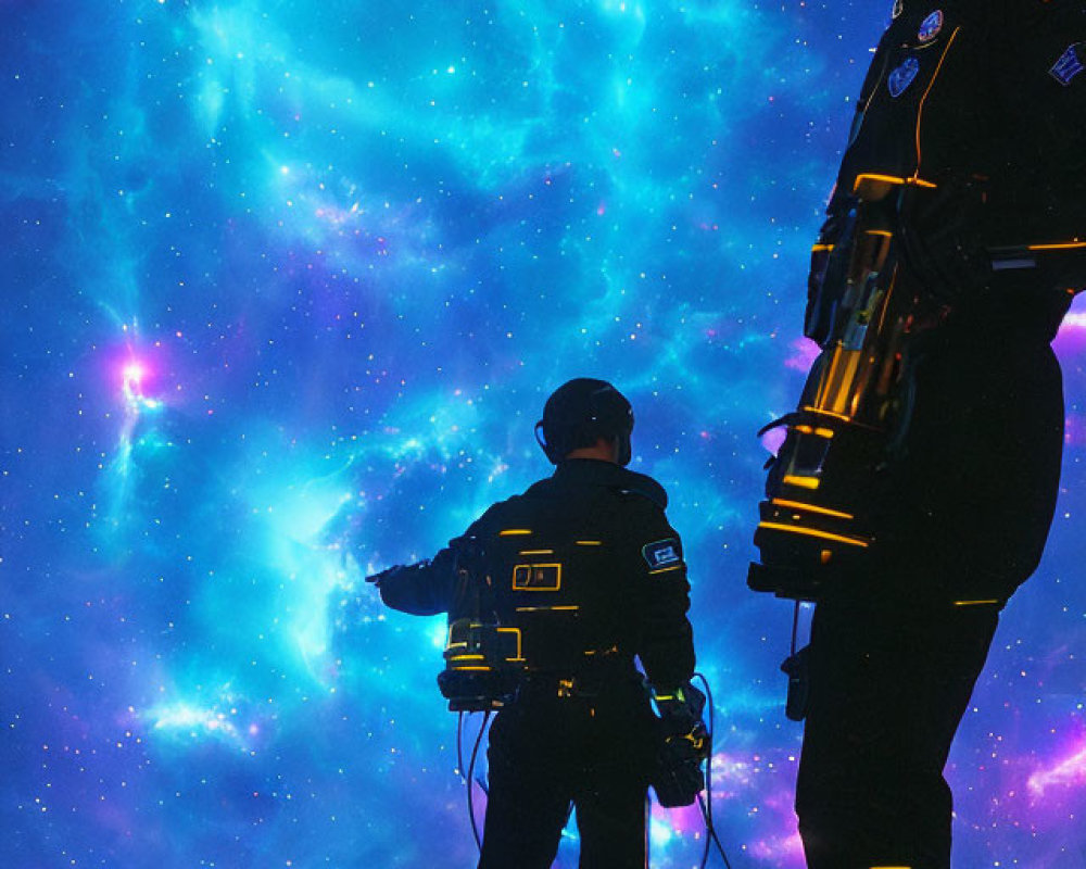 Futuristic police figures in cosmic setting