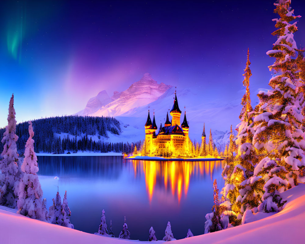 Snow-covered castle by frozen lake with Northern Lights and mountains.