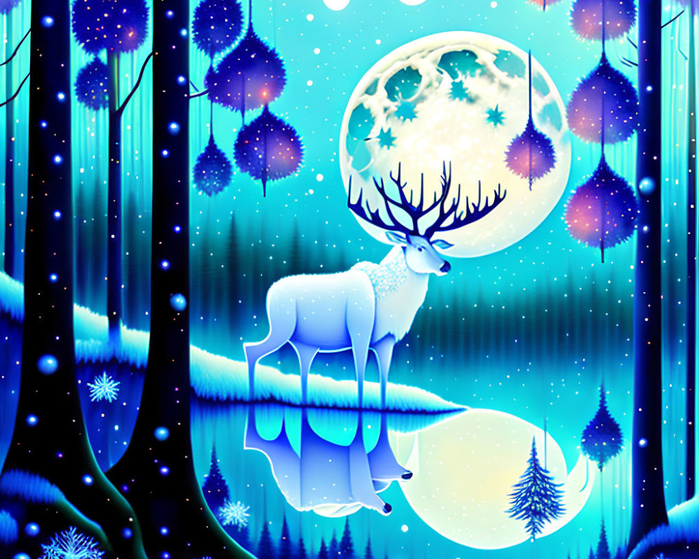 Blue forest scene with white stag, reflective lake, full moon, lanterns, and snowflakes