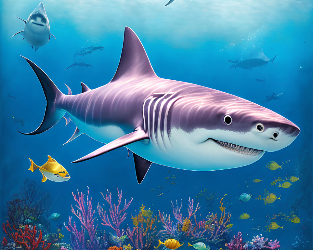 Colorful Cartoon Shark Surrounded by Fish in Underwater Scene