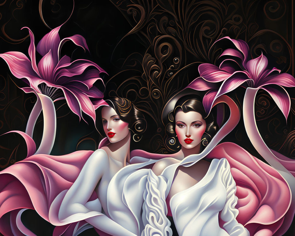 Stylized women with pale skin and dark hair among pink lilies and golden patterns