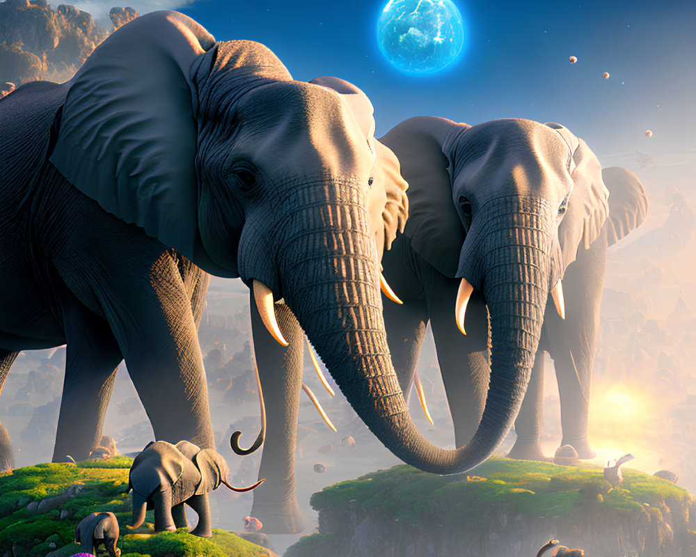 Surreal elephant trio on cliff with floating globe and dreamy sky