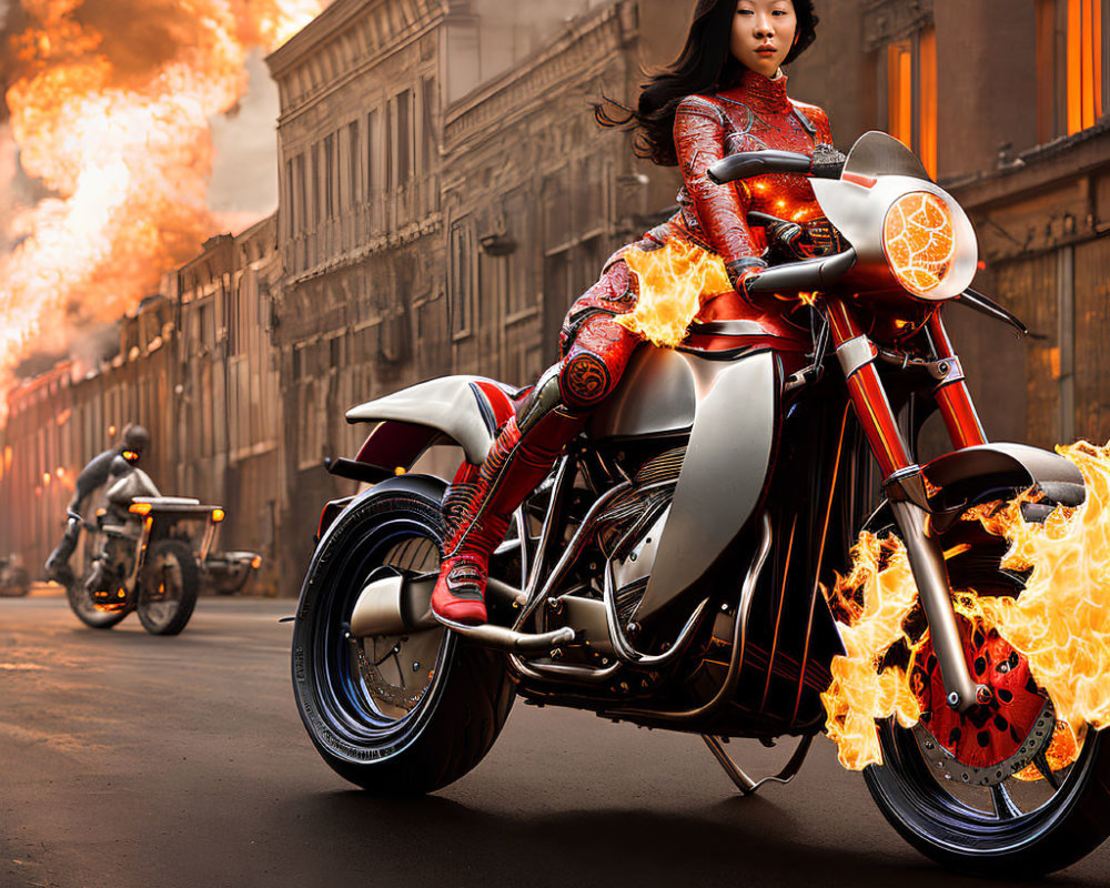 Woman in red & silver armored suit on flaming motorcycle in urban scene with explosion.