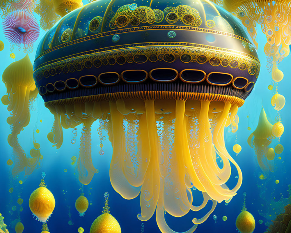 Colorful digital artwork of ornate jellyfish structure in underwater scene