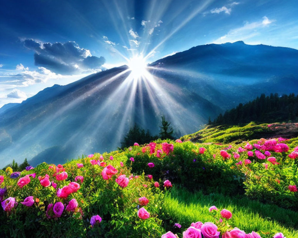 Vibrant pink flowers in sunburst over lush mountain landscape