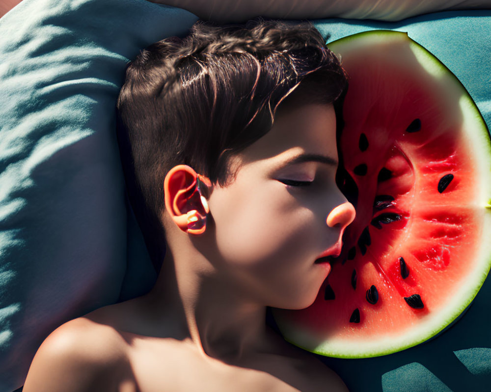 Child with Watermelon Slice Mask on Pillow in Sunlight