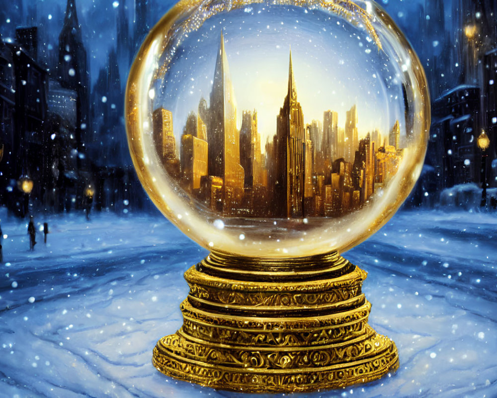 Snow Globe Cityscape Scene on Gilded Base in Twilight Sky